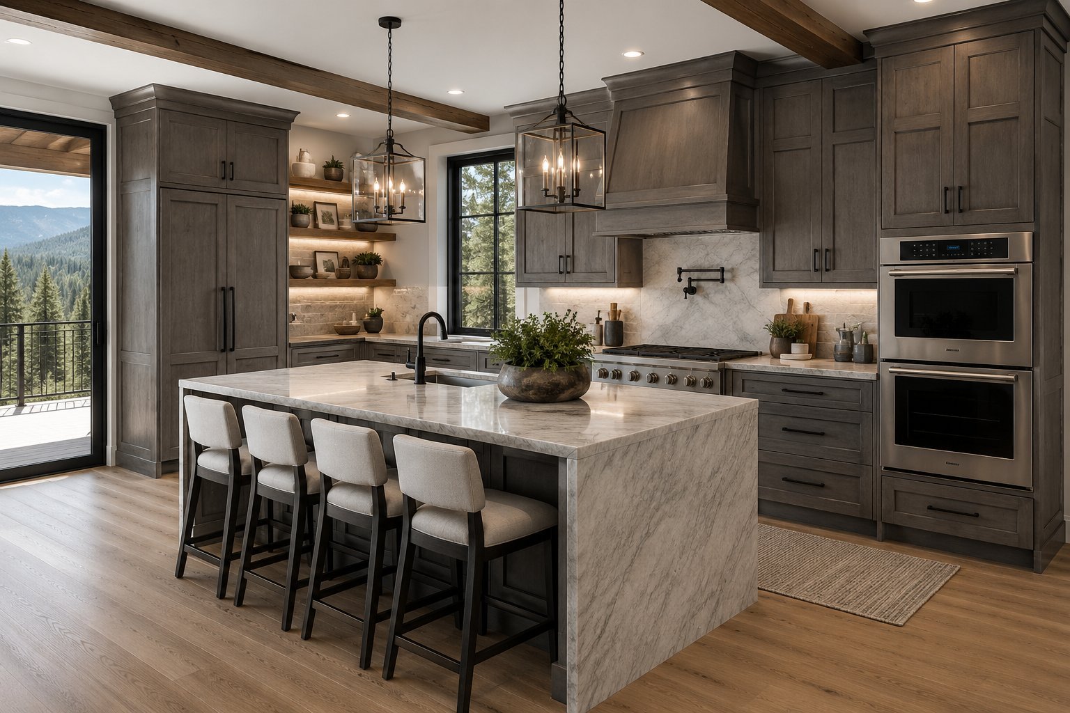 Modern luxury kitchen with dark gray cabinetry, marble island with seating, stainless steel appliances, and mountain views through large windows