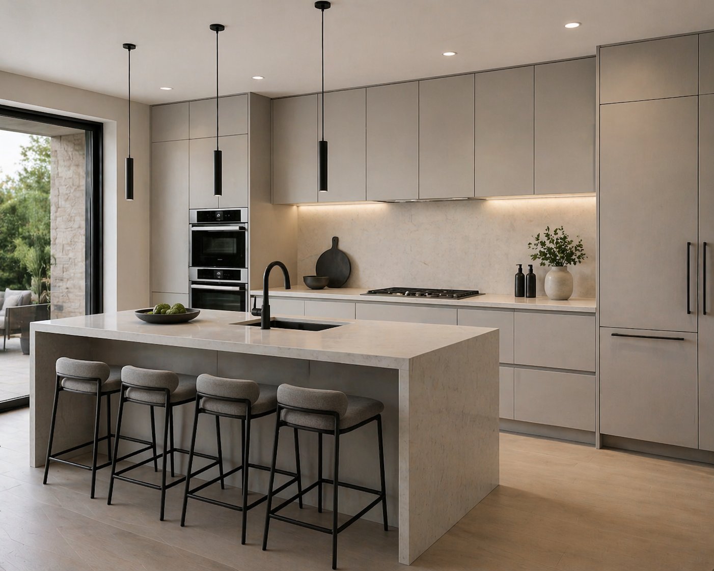 Modern kitchen with light gray cabinetry, white countertops, island seating, pendant lights, and stainless steel appliances