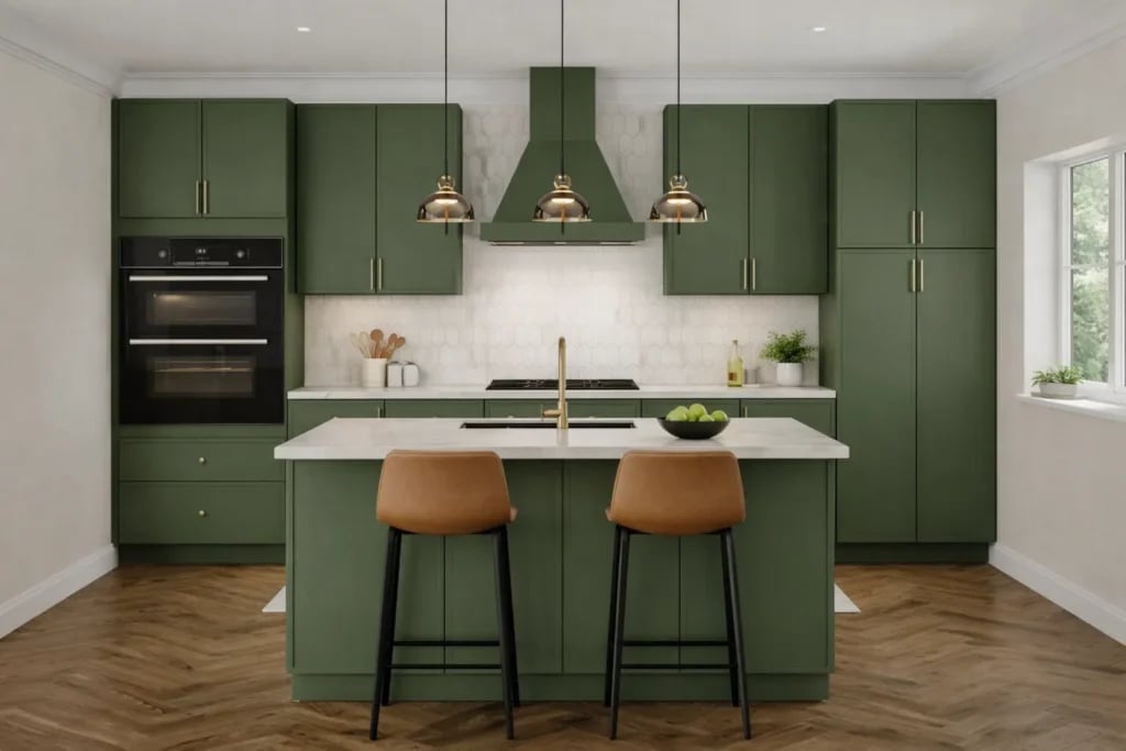 Modern kitchen with olive green cabinetry, white countertops, center island with leather bar stools, and brass pendant lights