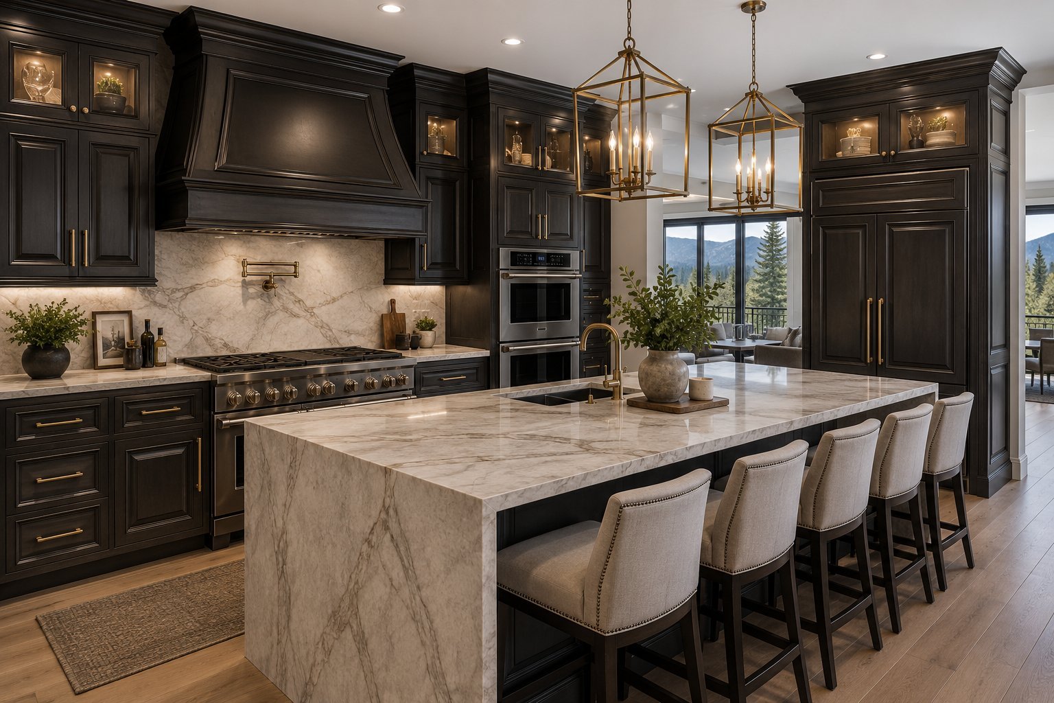 Modern luxury kitchen with dark cabinetry, marble island with seating, pendant lighting, and stainless steel appliances overlooking a scenic outdoor view.