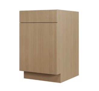 Wooden base cabinet with light oak finish, featuring a drawer at top and large cabinet door below