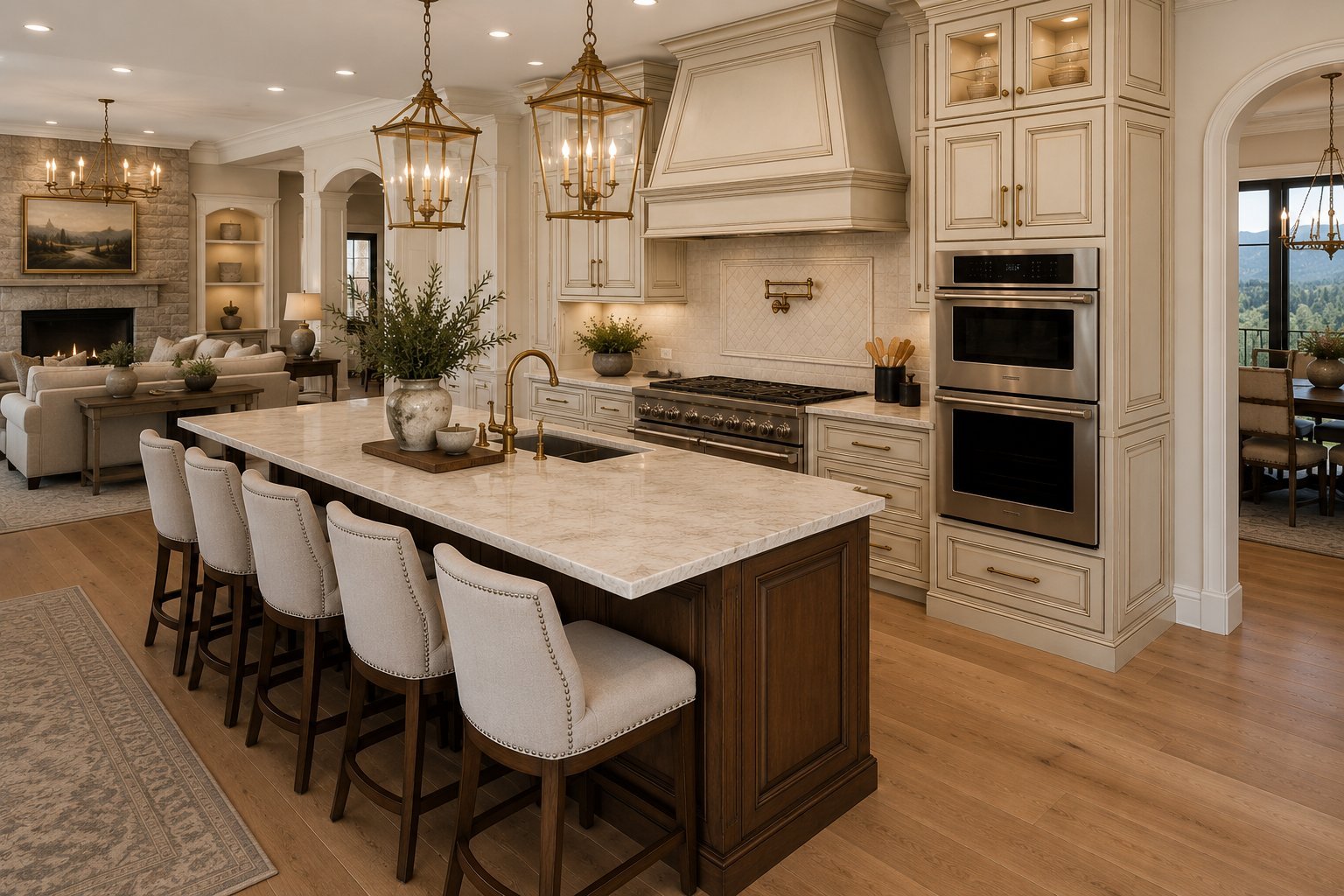 Luxurious open-concept kitchen with cream cabinetry, marble-topped island with seating, dual ovens, brass pendant lights, and hardwood floors