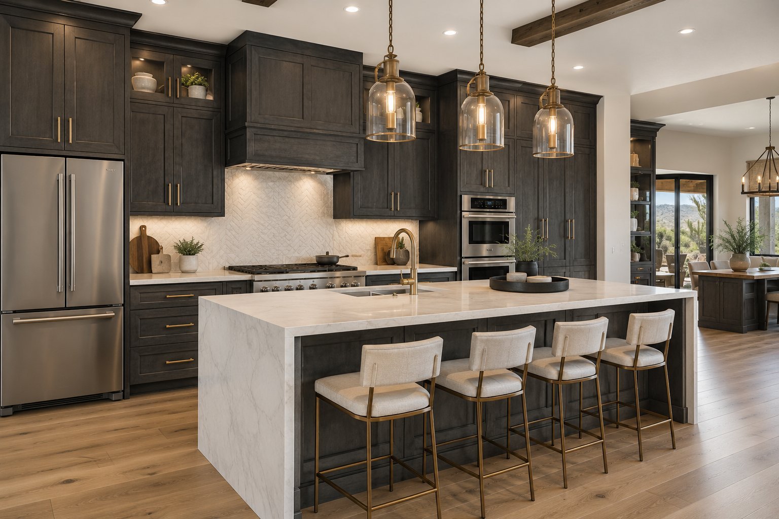 Modern kitchen with dark cabinetry, white marble island, stainless steel appliances, and four upholstered bar stools, pendant lighting overhead
