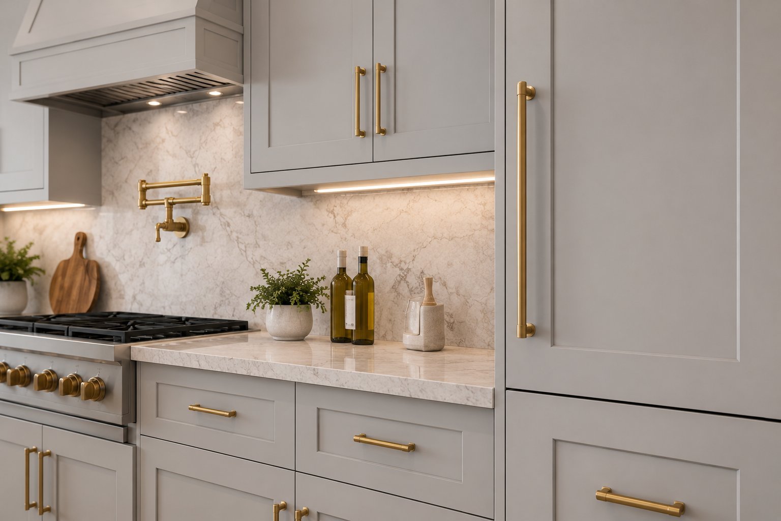 Modern kitchen with gray cabinetry, marble backsplash, gold hardware, stainless steel appliances, and counter decor including olive oil bottles and wooden accessories