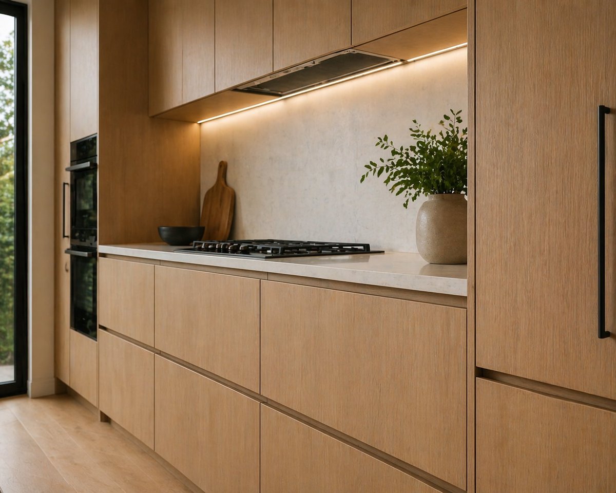 Modern kitchen with light wood cabinetry, white countertop, gas cooktop, and potted plant on shelf with warm lighting.