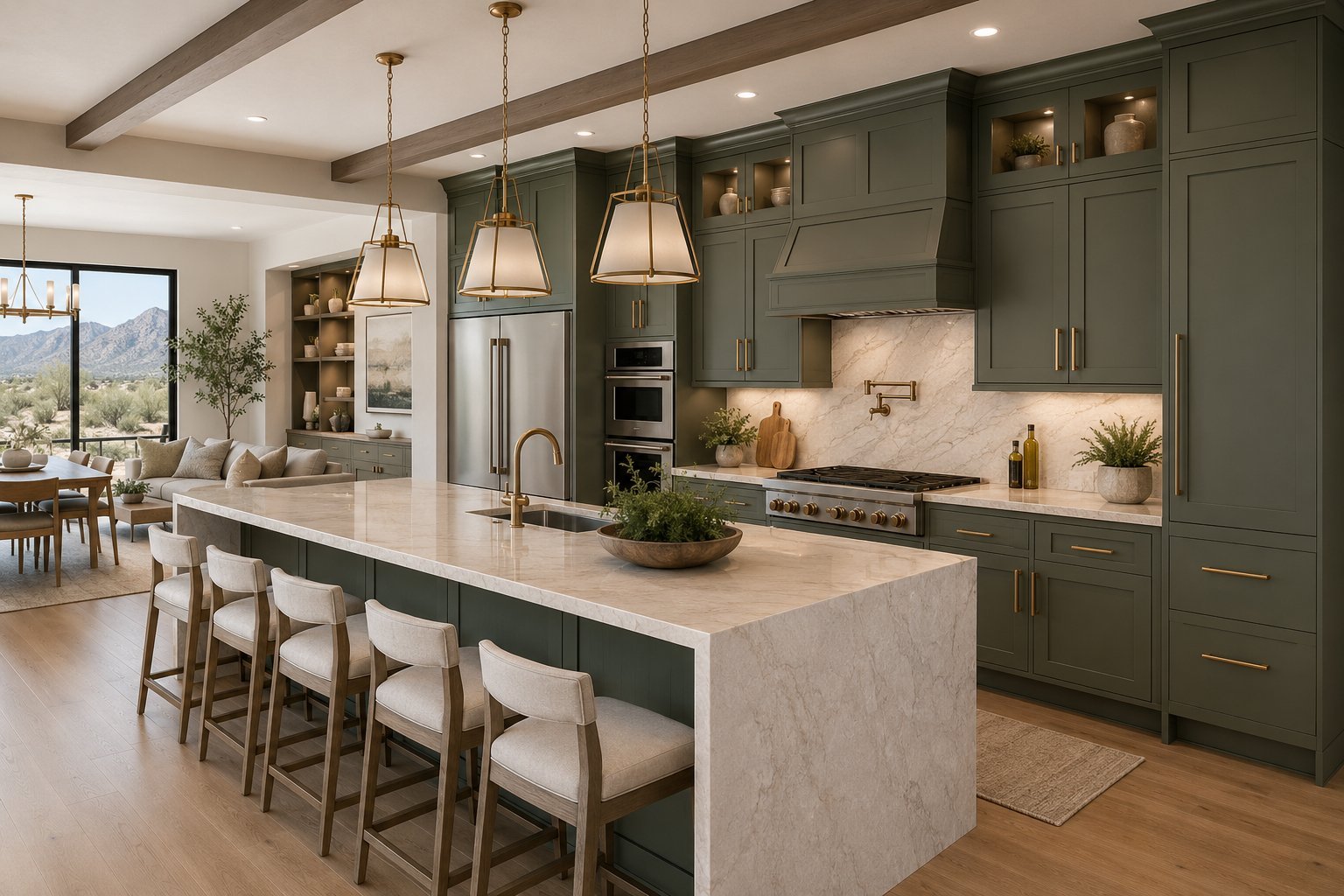 Modern kitchen with green cabinetry, marble island with seating, stainless steel appliances, and pendant lighting overhead
