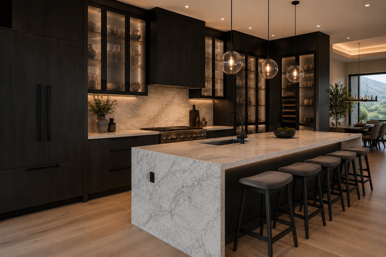 Modern luxury kitchen with black cabinetry, marble island, pendant lights, and wooden flooring