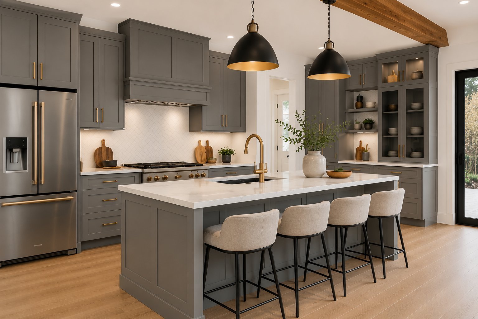 Modern gray kitchen with large island, white countertop, bar seating, and stainless steel appliances