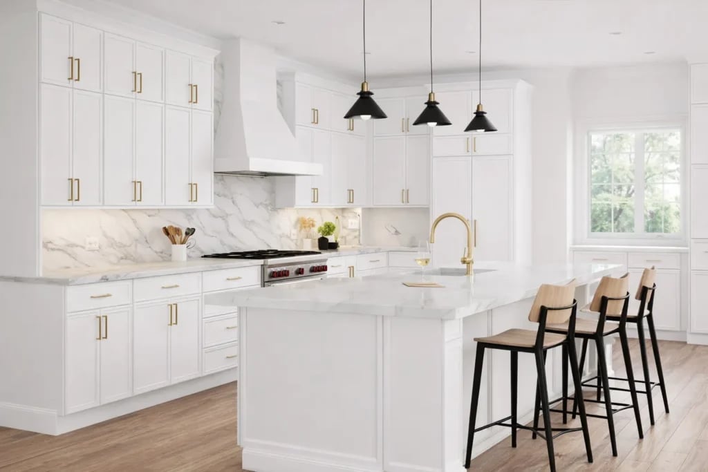 Modern white kitchen with marble backsplash, white cabinetry, black pendant lights, island with bar seating, and natural wood flooring