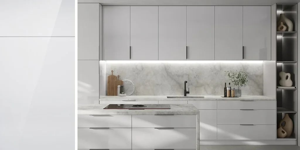 Modern white kitchen with marble backsplash, stainless steel sink, and minimalist cabinetry with open shelving.