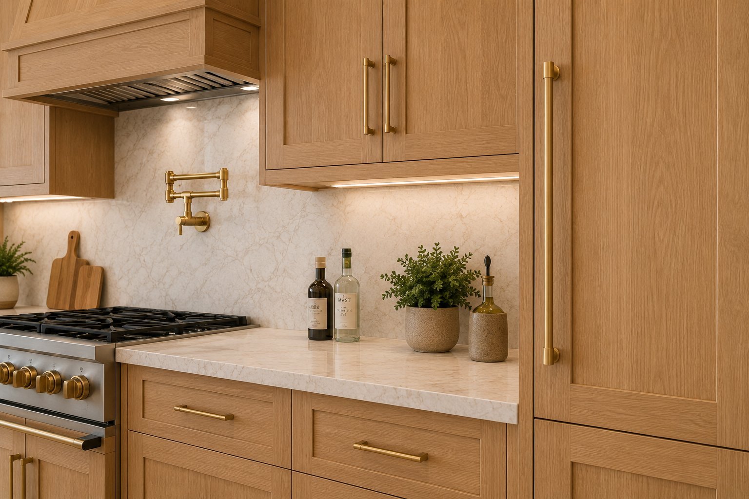 Modern kitchen with warm wood cabinetry, marble backsplash, stainless steel range, and white countertops decorated with potted plants and wine bottles