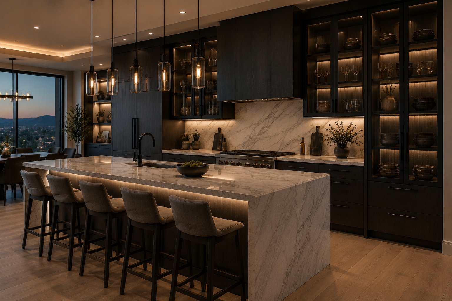 Modern luxury kitchen with marble island, black cabinetry, pendant lights, and floor-to-ceiling windows overlooking a city skyline at dusk