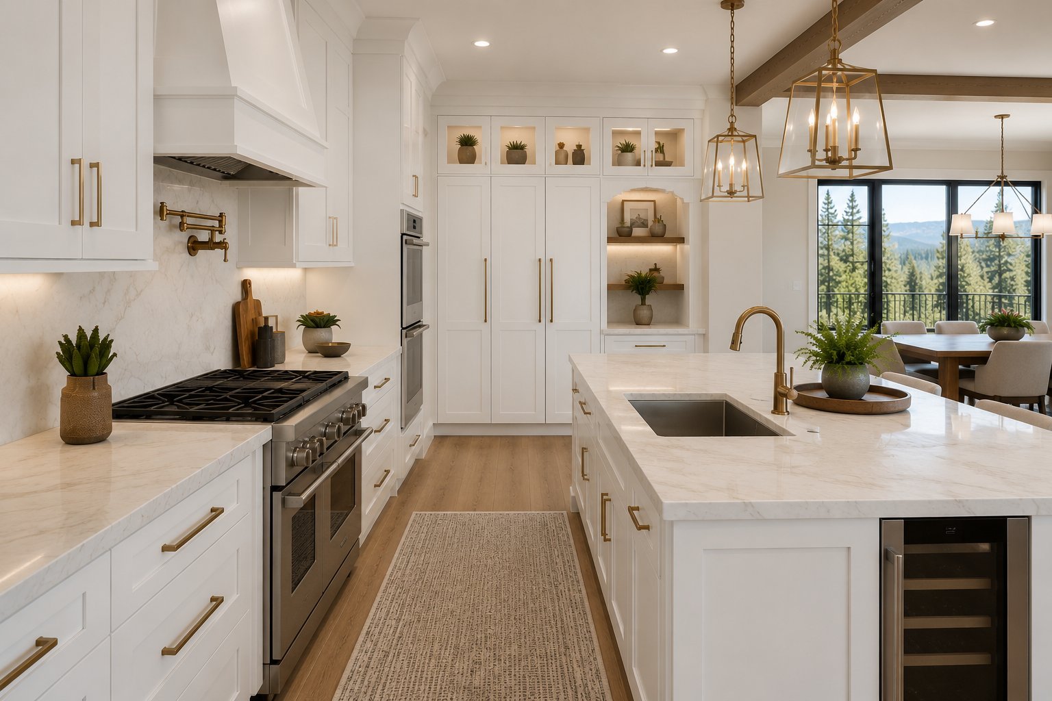 Modern farmhouse kitchen with white cabinetry, marble countertops, stainless steel appliances, and large windows overlooking mountains