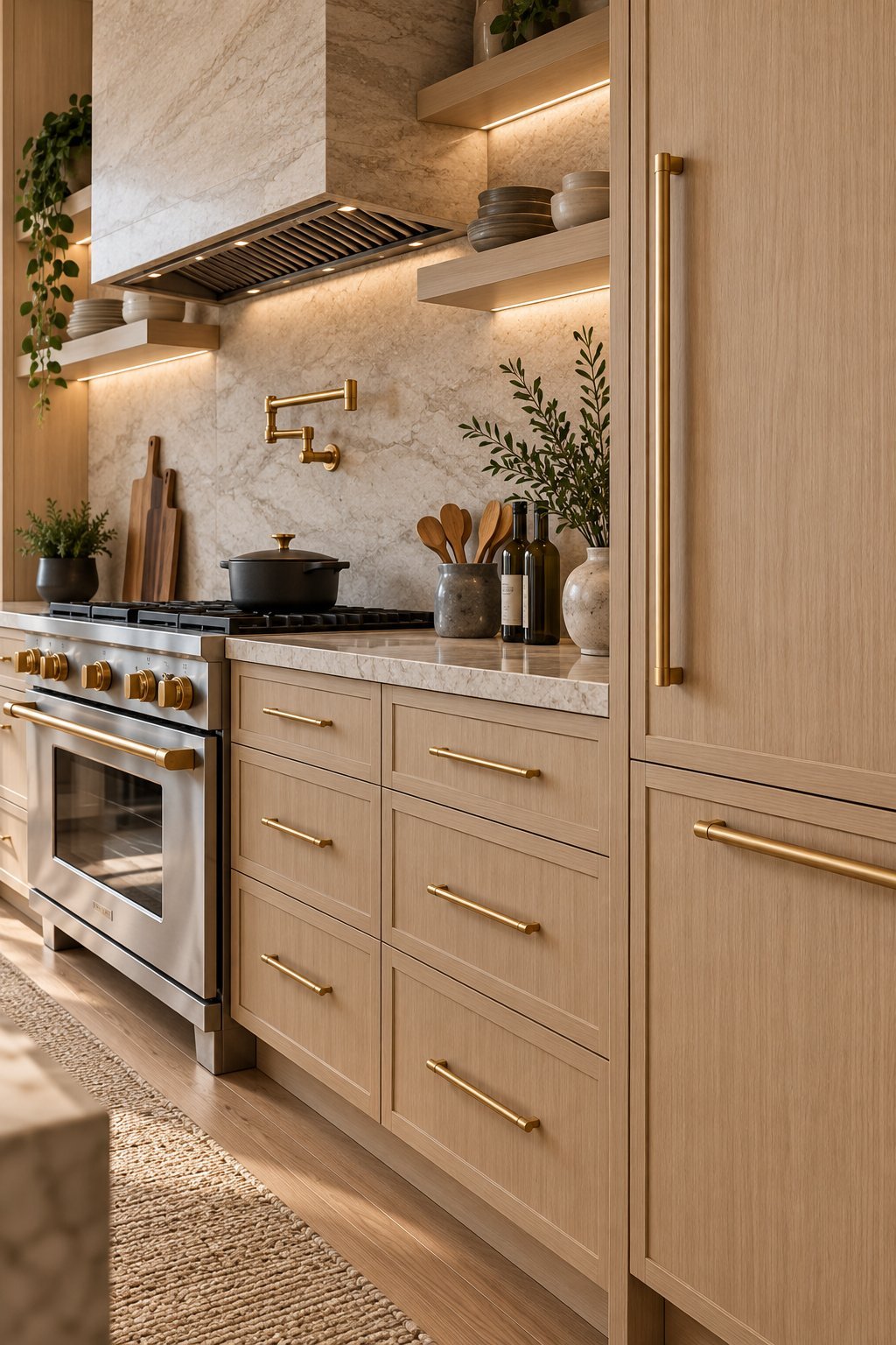 Modern kitchen with light wood cabinets, marble countertops and backsplash, gold hardware, and minimalist design with ambient lighting