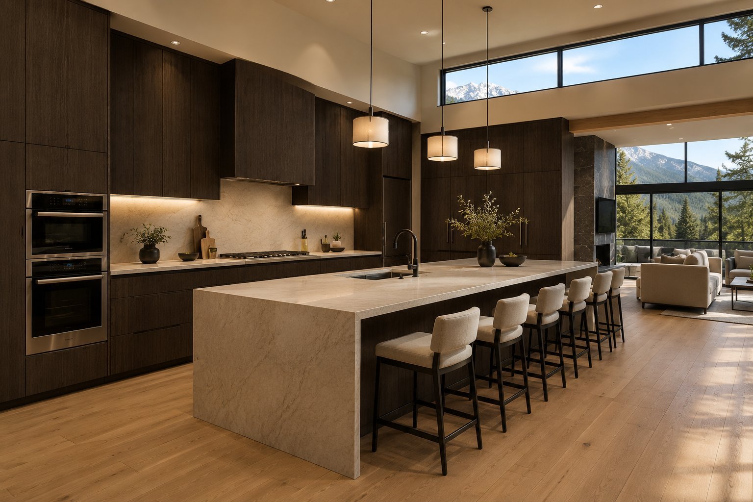 Modern luxury kitchen with dark cabinetry, light marble island, seating for four, pendant lights, and expansive windows overlooking mountains