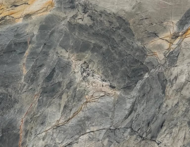 Close-up of textured gray and beige stone or slate surface with natural cracks and thin vines