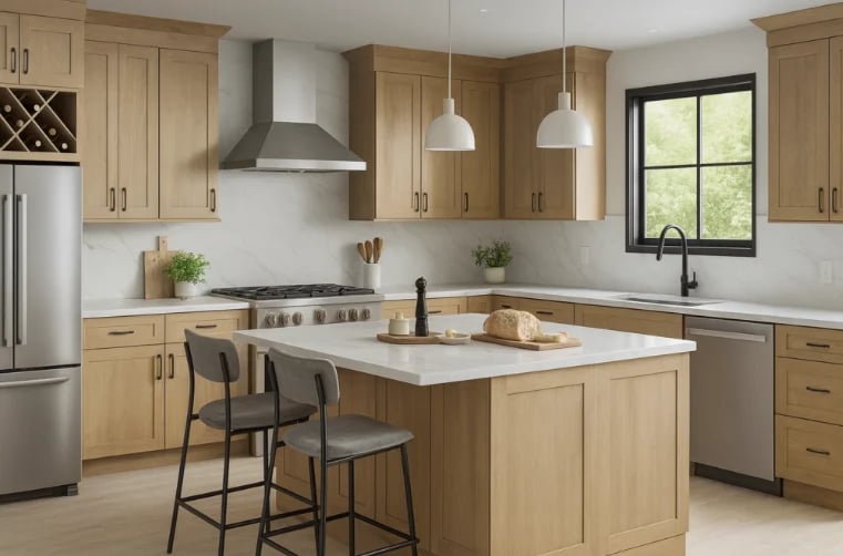 Modern kitchen with natural wood cabinetry, white countertops, stainless steel appliances, and island seating