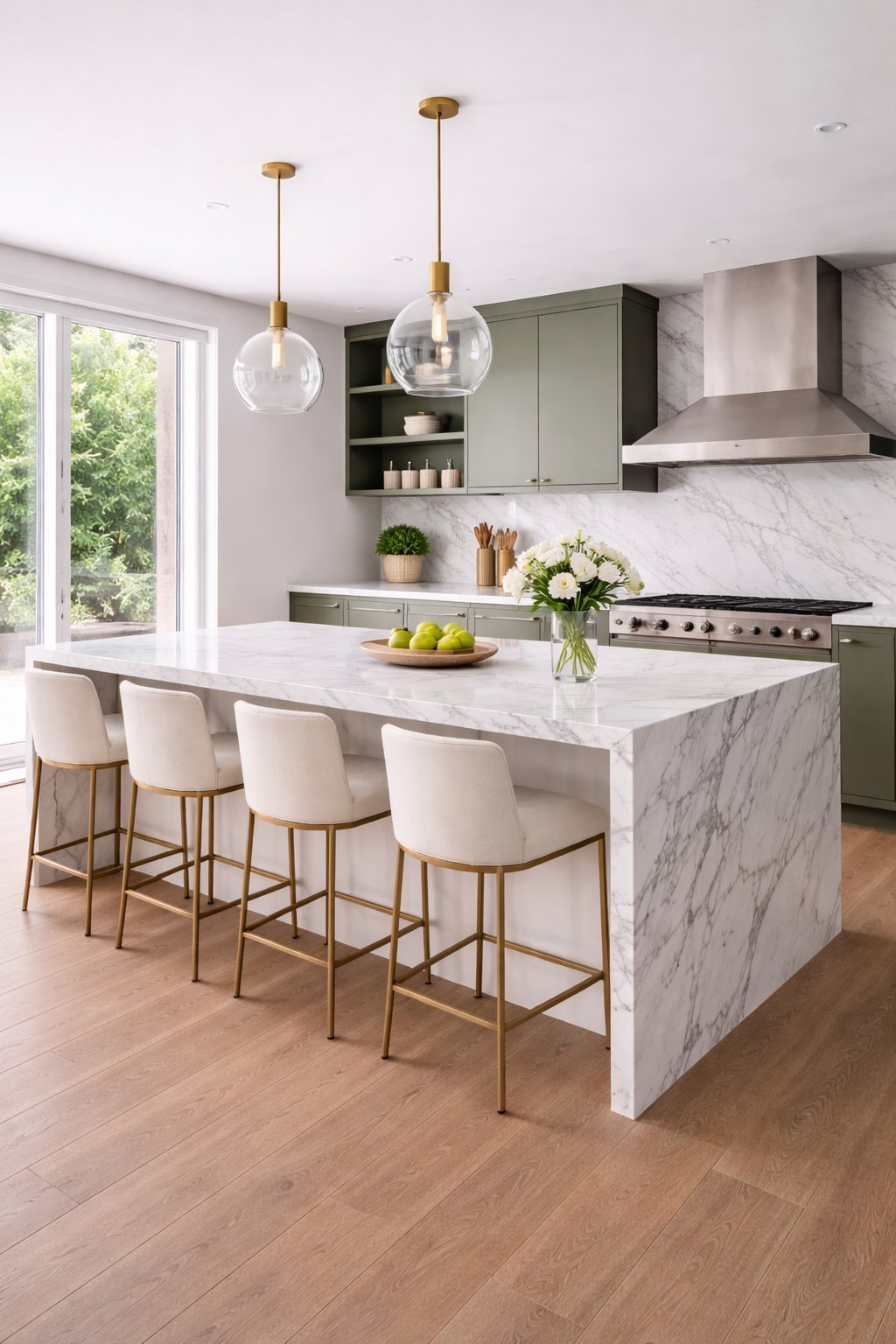 Modern kitchen with white marble island, sage green cabinetry, brass pendant lights, and cream bar stools