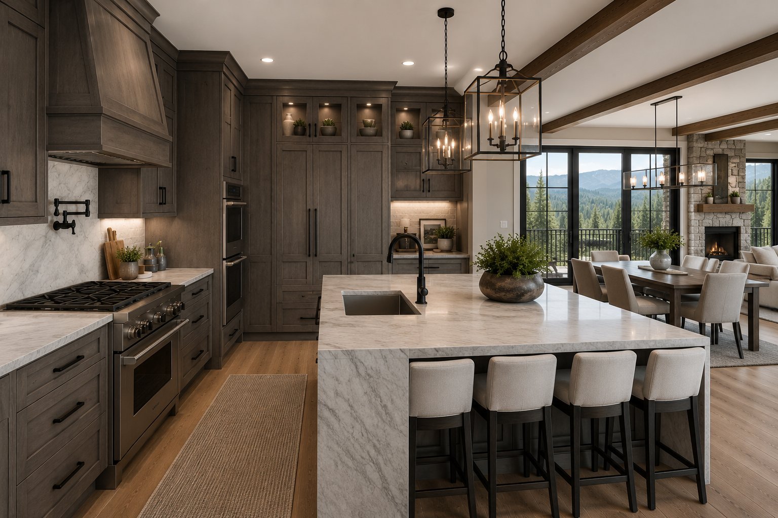 Modern luxury kitchen with gray cabinetry, marble countertops, island seating, and expansive windows overlooking mountains