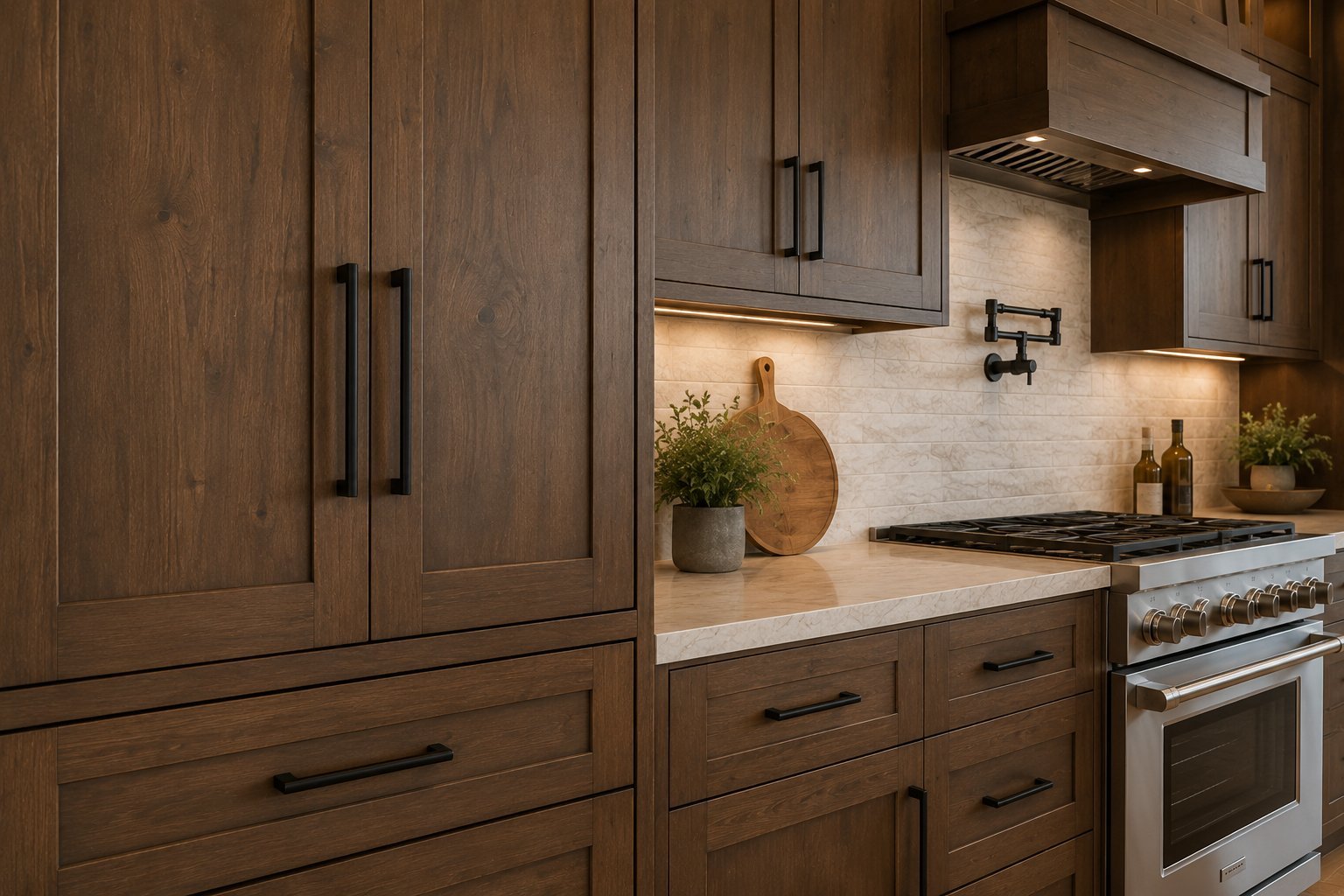 Modern kitchen with warm wood cabinetry, stainless steel appliances, subway tile backsplash, and under-cabinet lighting