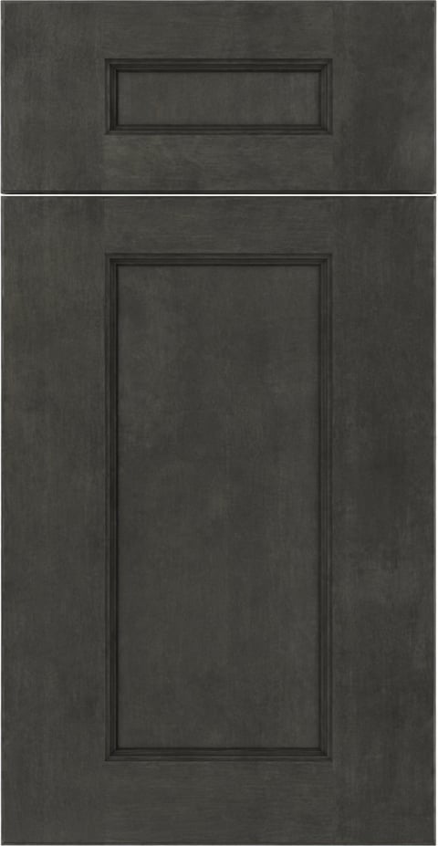 Dark gray cabinet door with recessed panels, featuring a small upper horizontal drawer and larger lower door panel