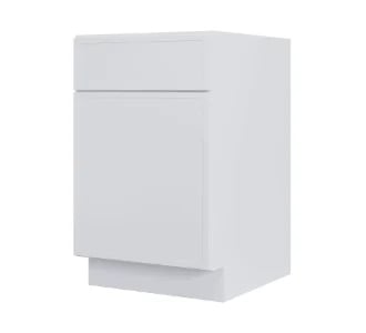 White kitchen cabinet with single drawer above door panel on light gray base