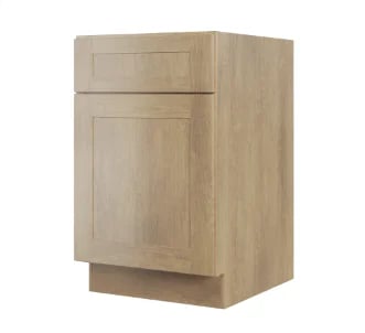 Unfinished wooden base cabinet with drawer and door panel, natural wood finish