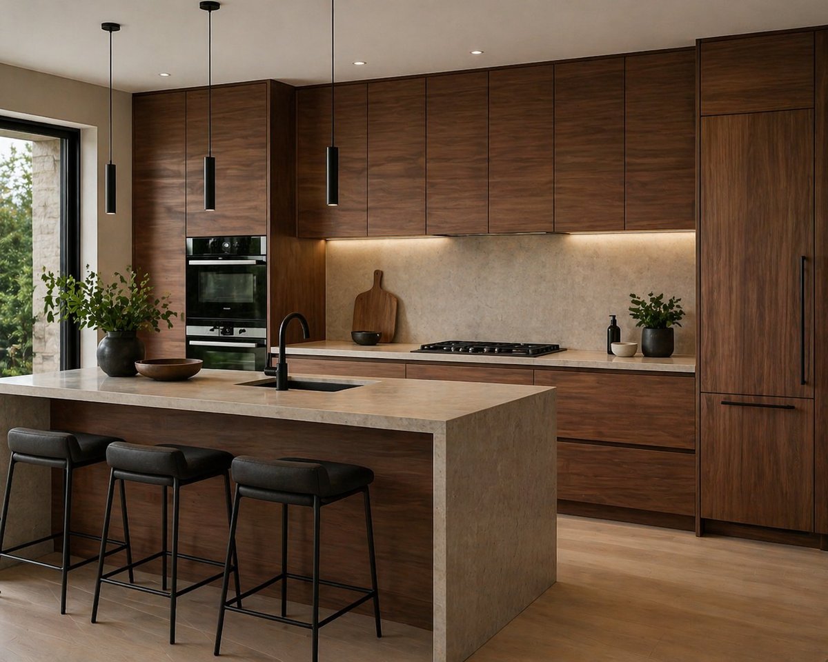 Modern kitchen with walnut cabinetry, light wood island, black bar stools, stainless steel appliances, and pendant lighting