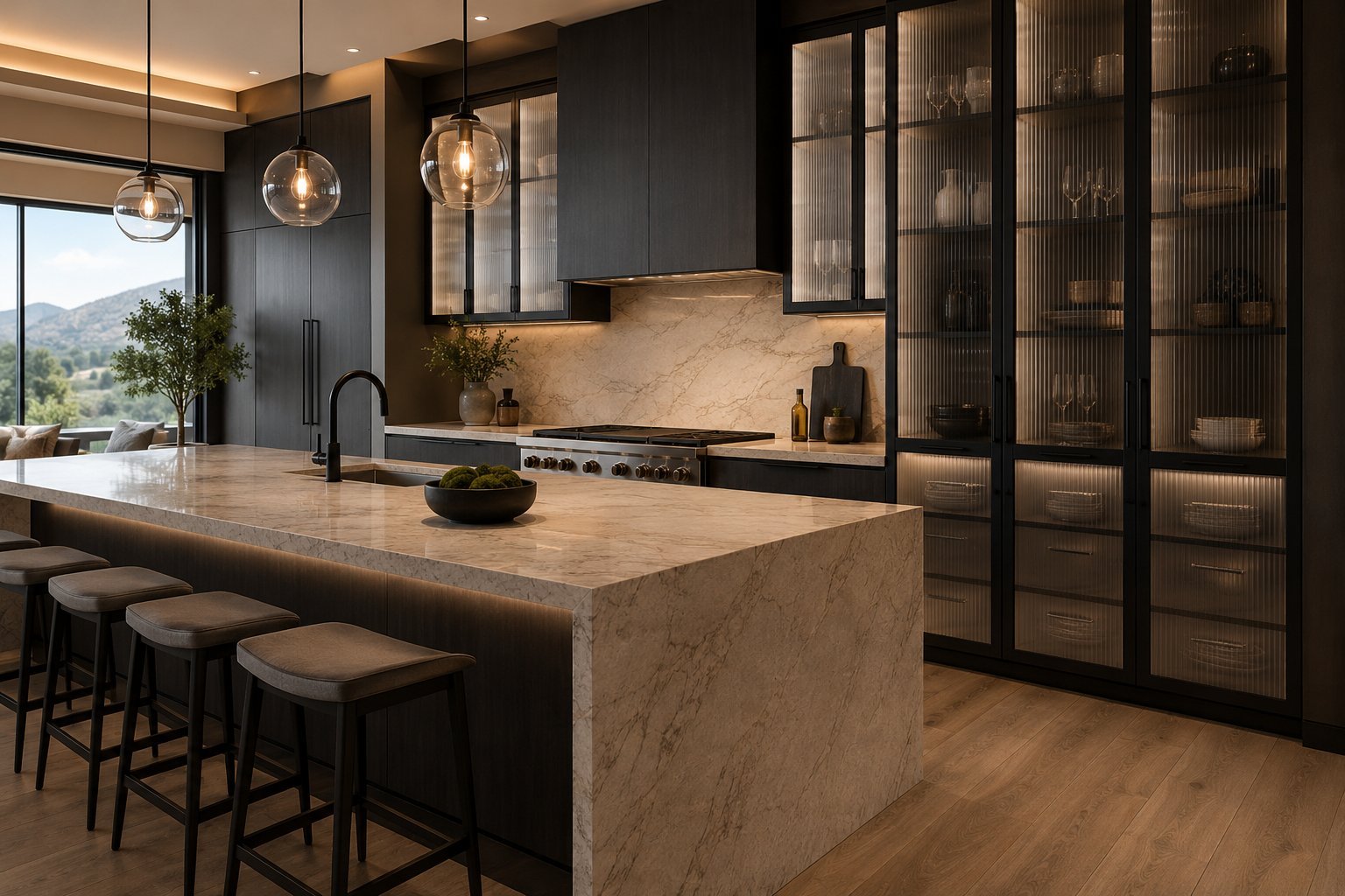 Modern luxury kitchen with marble waterfall island, black cabinetry, pendant lights, and mountain view through large windows