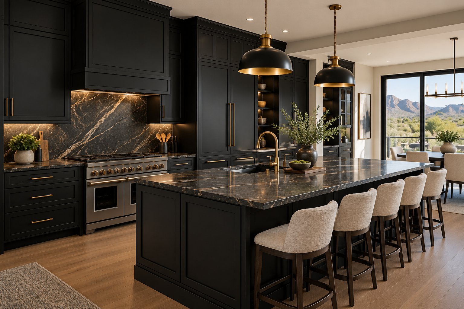 Modern luxury kitchen with black cabinetry, marble countertops, gold pendant lights, and island seating with upholstered chairs