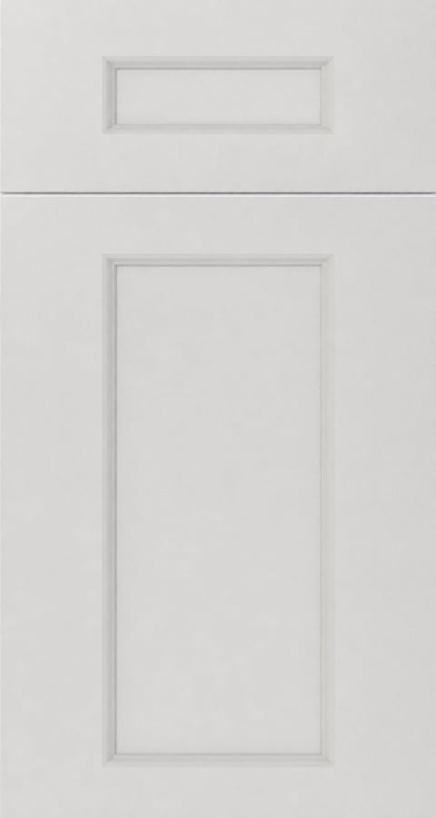 Two-panel white cabinet door with horizontal rail divider and recessed frame design