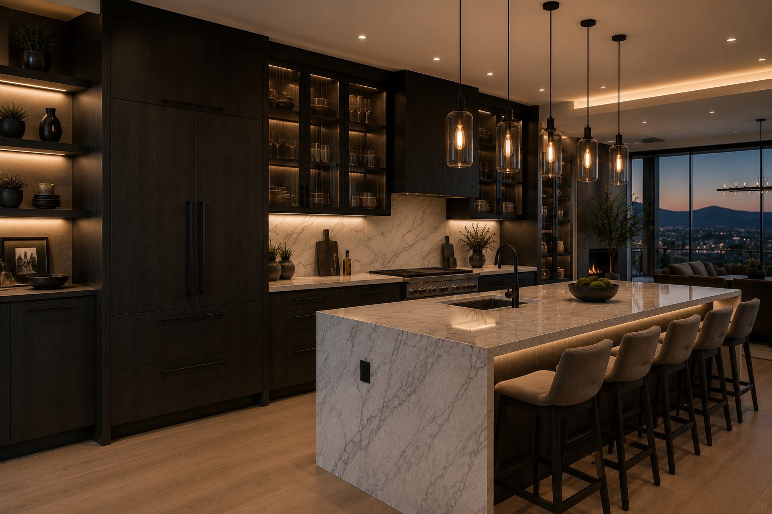 Modern luxury kitchen with marble island, black cabinetry, pendant lighting, and city skyline view through large windows at dusk