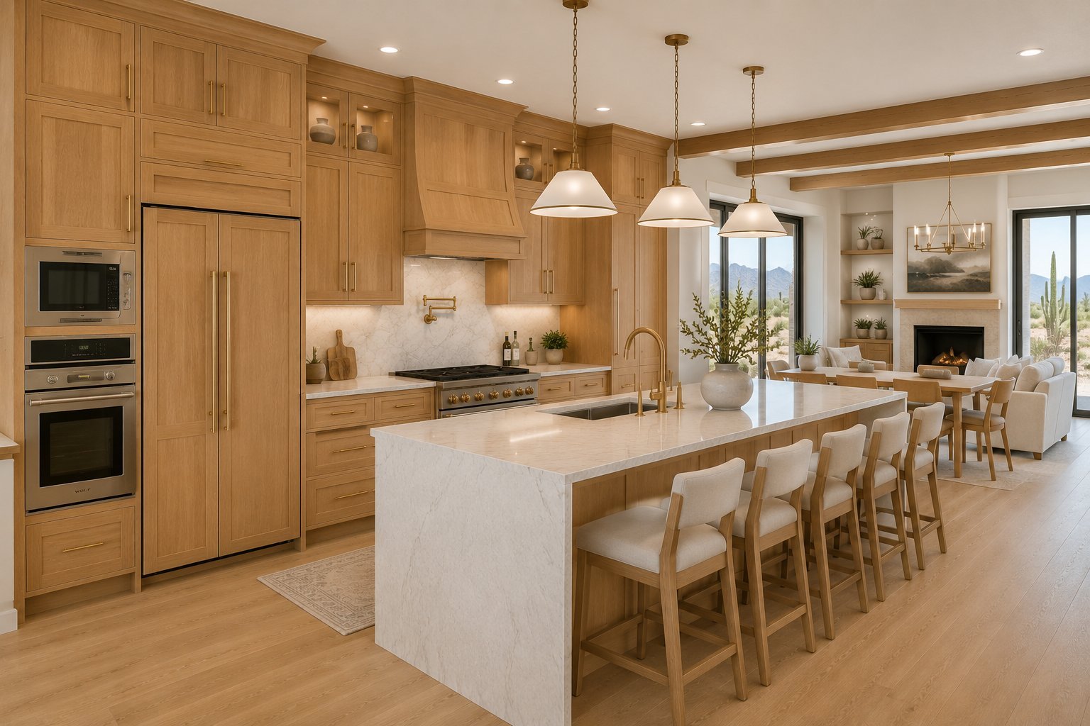 Modern kitchen with natural wood cabinets, white marble island, bar seating, pendant lights, and stainless steel appliances