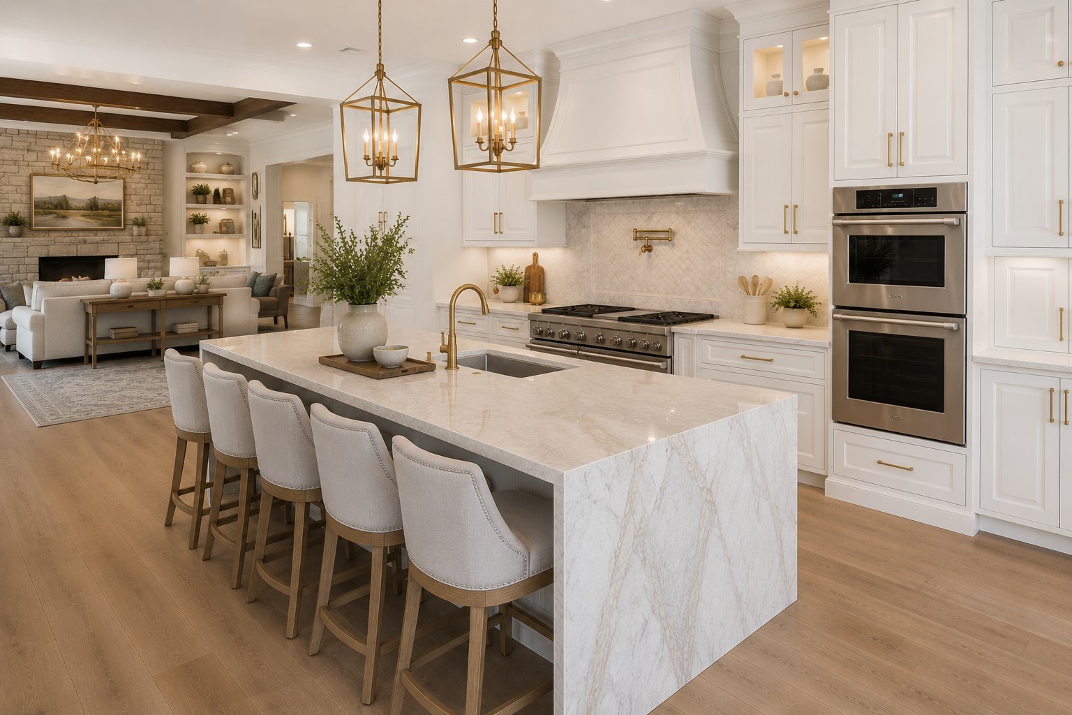 Modern luxury kitchen with white cabinetry, marble island, seating for four, stainless steel appliances, pendant lights, and open concept living area.