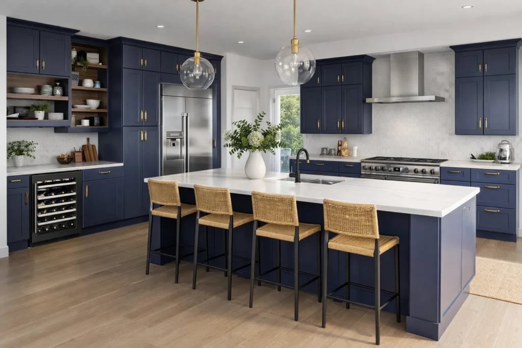 Modern kitchen with navy blue cabinets, white countertops, stainless steel appliances, large island with woven bar stools, and pendant lighting