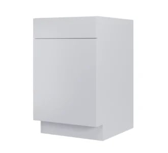 White kitchen cabinet with single door and metal handle, base unit style