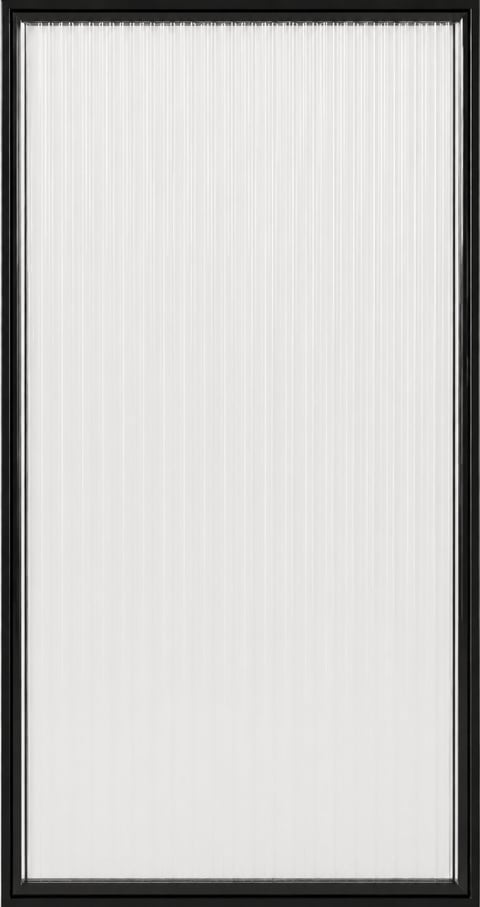 Black framed window with vertical blinds showing white slats in closed position