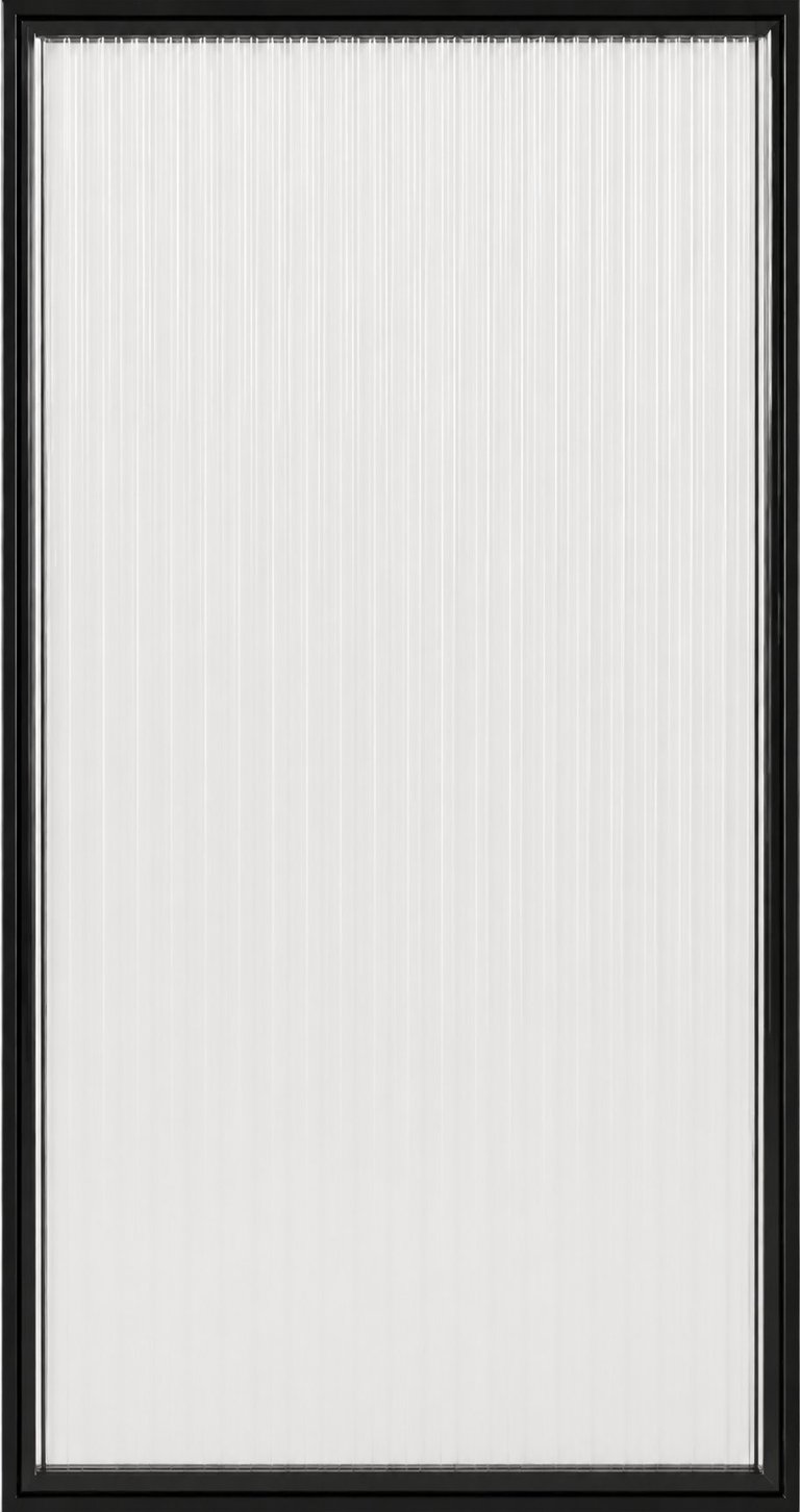 Black framed window with vertical blinds showing white slats in closed position