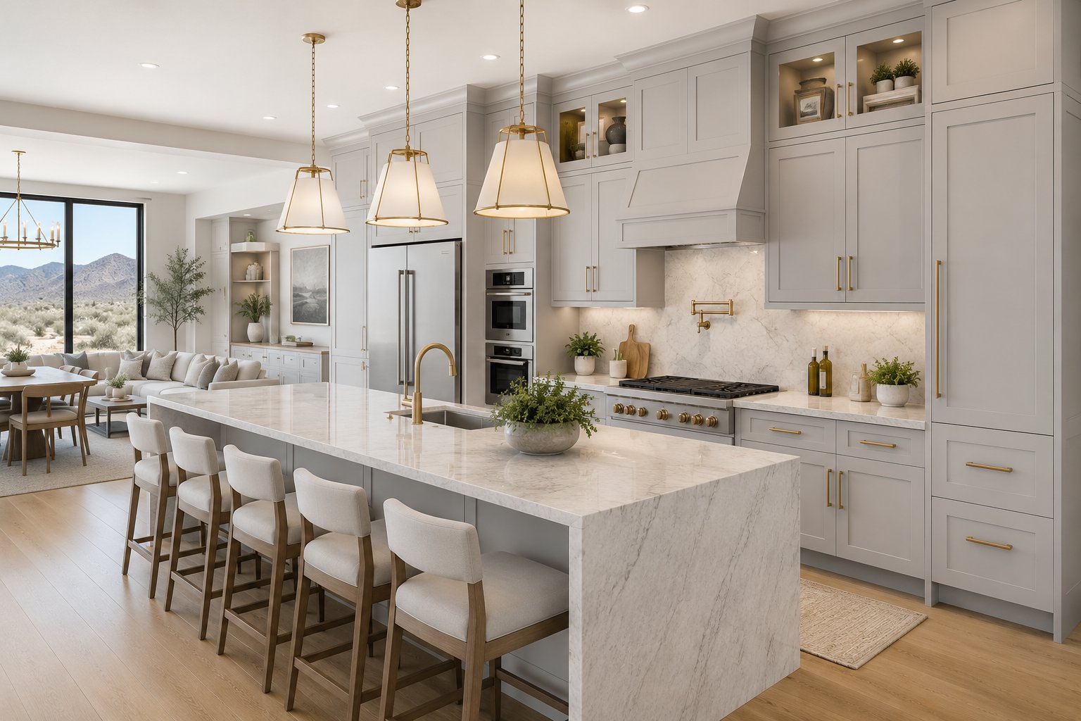 Modern luxury kitchen with white cabinetry, marble island, pendant lights, and seating for four overlooking desert landscape