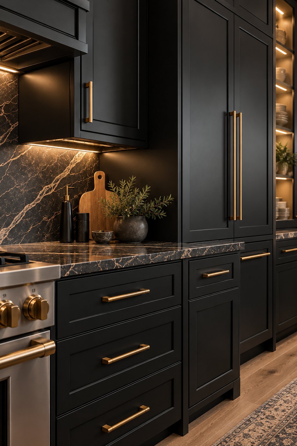 Modern black kitchen with gold marble countertop, brass hardware, under-cabinet lighting, and open shelving with ambient lighting