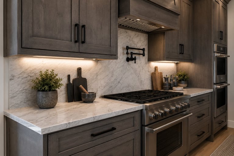 Modern kitchen with dark gray cabinetry, marble countertops, stainless steel range, and marble backsplash with pendant lighting.