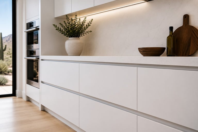 Modern minimalist kitchen with white cabinetry, stainless steel handles, potted plant, decorative bowls, and wooden flooring