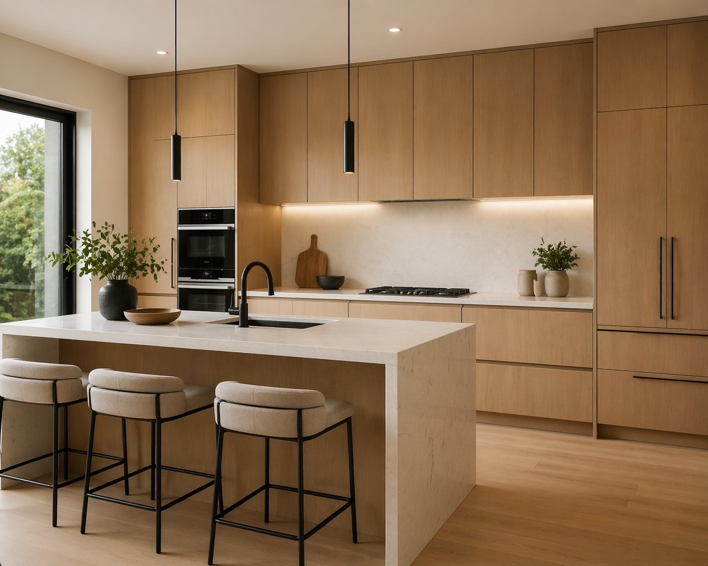 Modern kitchen with light wood cabinetry, white countertop island, three bar stools, pendant lights, and stainless steel appliances