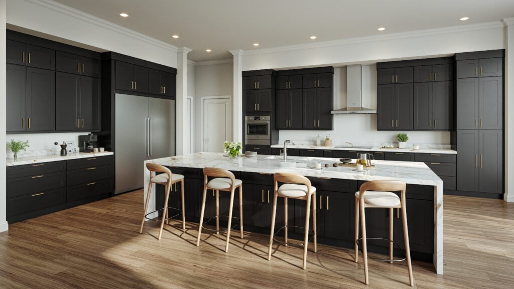 Modern kitchen with dark cabinetry, large island, and four wooden bar stools on wooden flooring