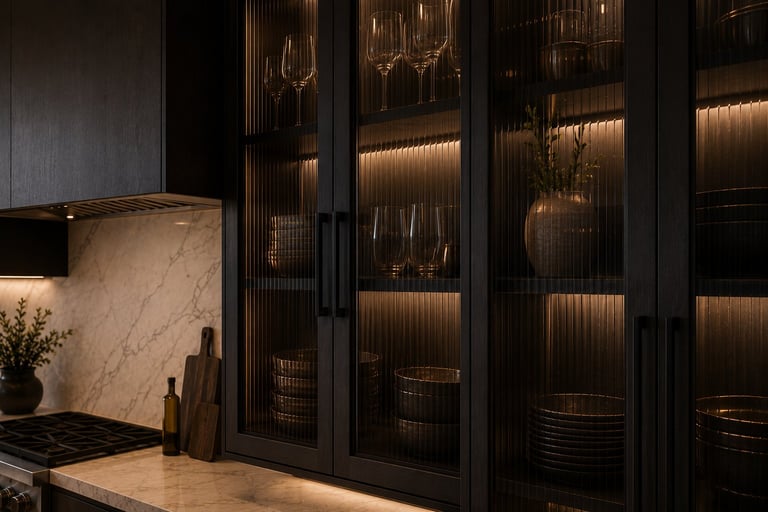 Modern kitchen with black cabinetry, marble backsplash, and illuminated glass display cabinets holding dishware and vessels
