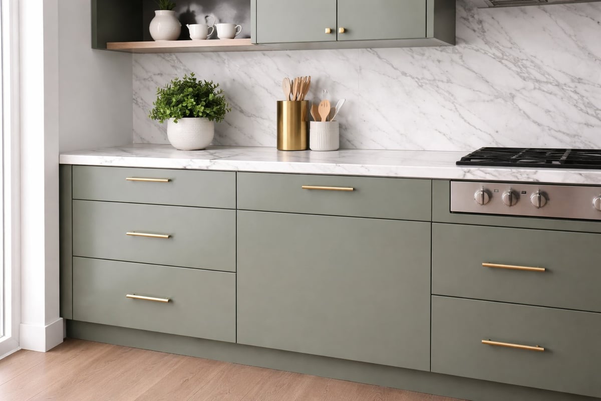 Modern green kitchen cabinets with marble backsplash, gold hardware, stainless steel stove, and white countertop with potted plant and kitchen utensils.